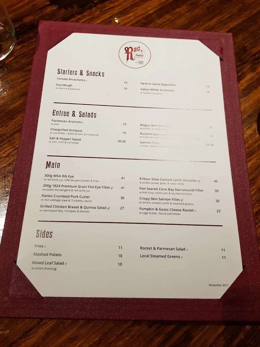 Menu, Rag & Famish Hotel