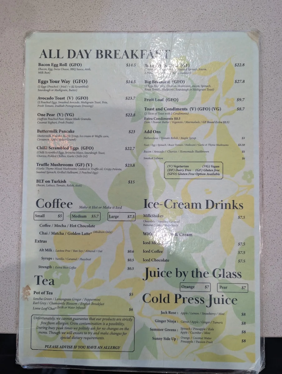 Menu, One Pear Tree