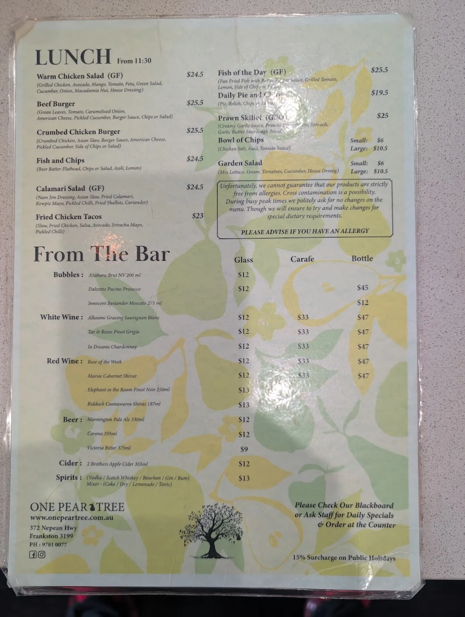 Menu, One Pear Tree