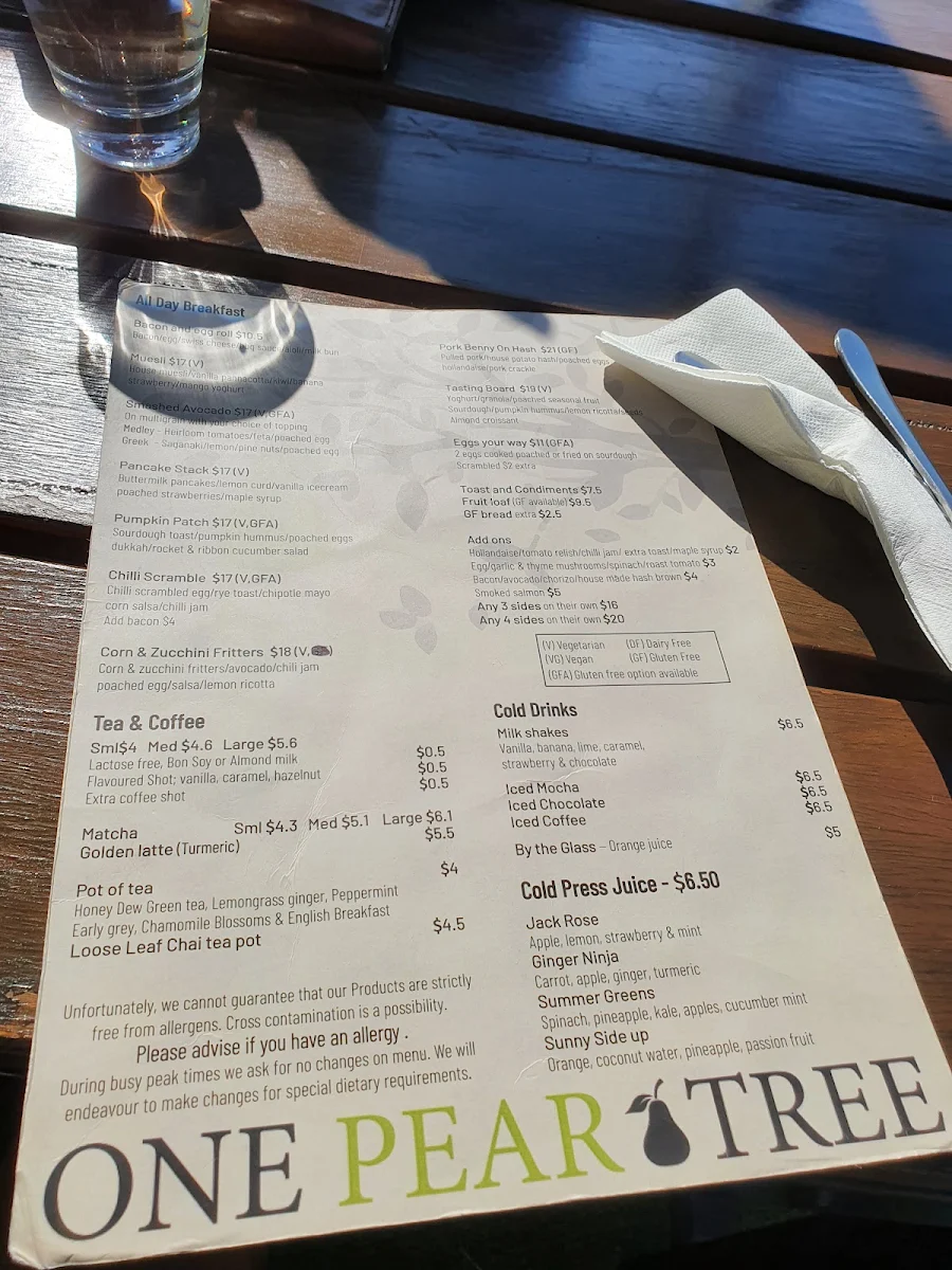 Menu, One Pear Tree