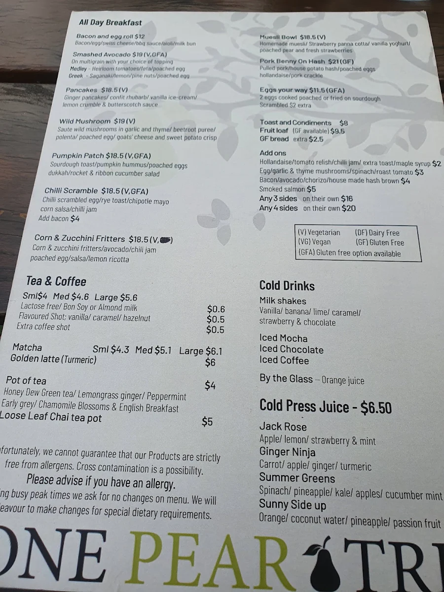 Menu, One Pear Tree