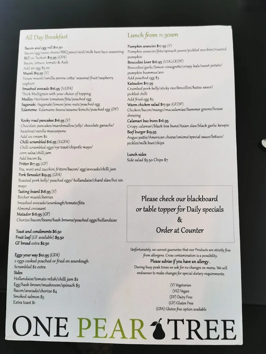 Menu, One Pear Tree
