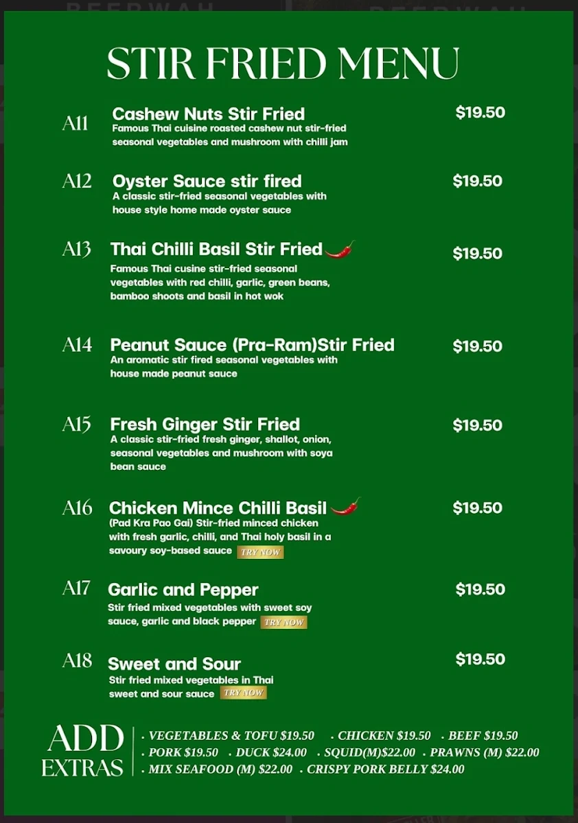 Menu, Beerwah Thai Restaurant