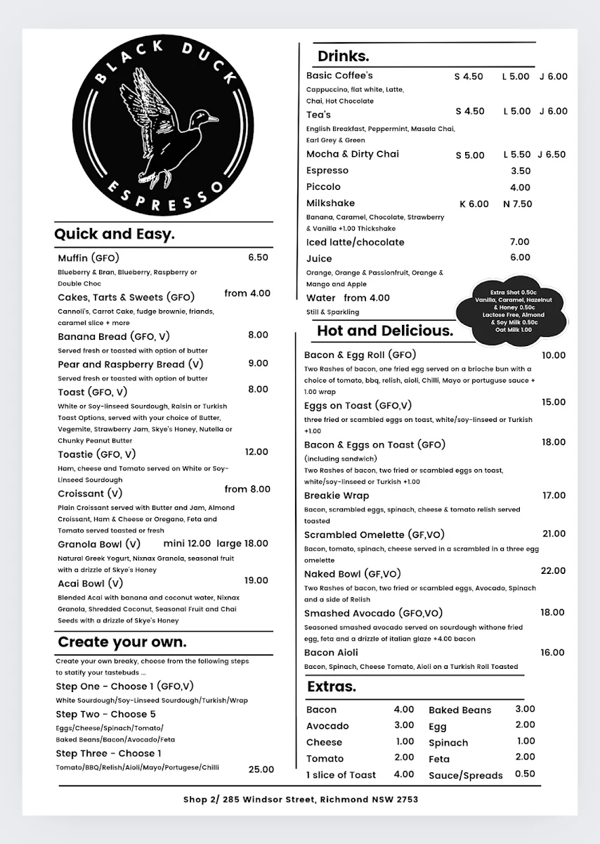 Menu, Black Duck Espresso Cafe