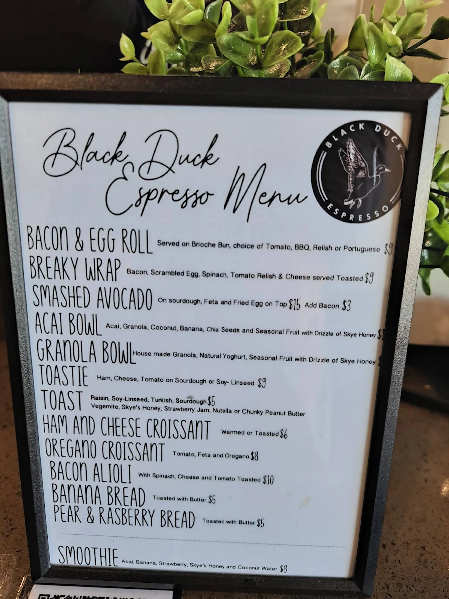 Menu, Black Duck Espresso Cafe