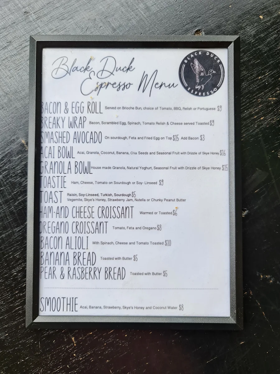 Menu, Black Duck Espresso Cafe