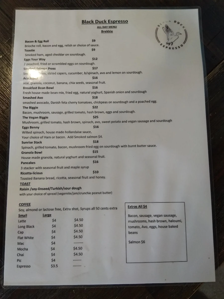 Menu, Black Duck Espresso Cafe