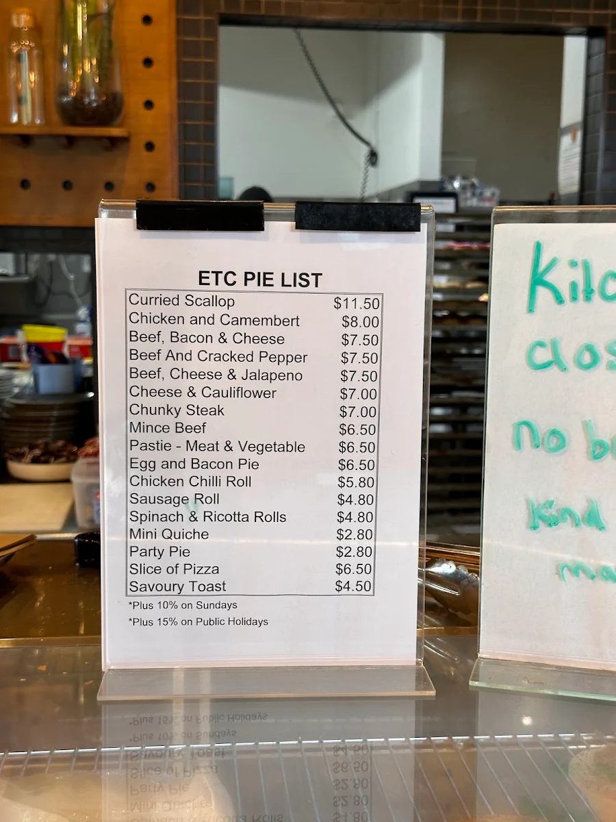 Menu, Elizabeth Town Bakery Cafe