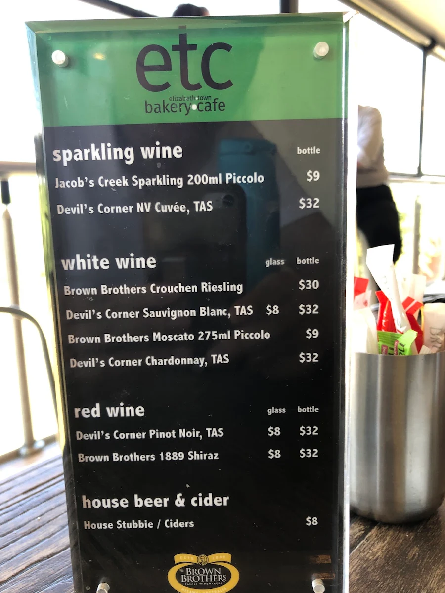 Menu, Elizabeth Town Bakery Cafe