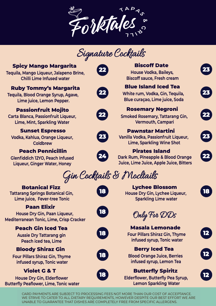 Menu, Forktales Tapas & Grill