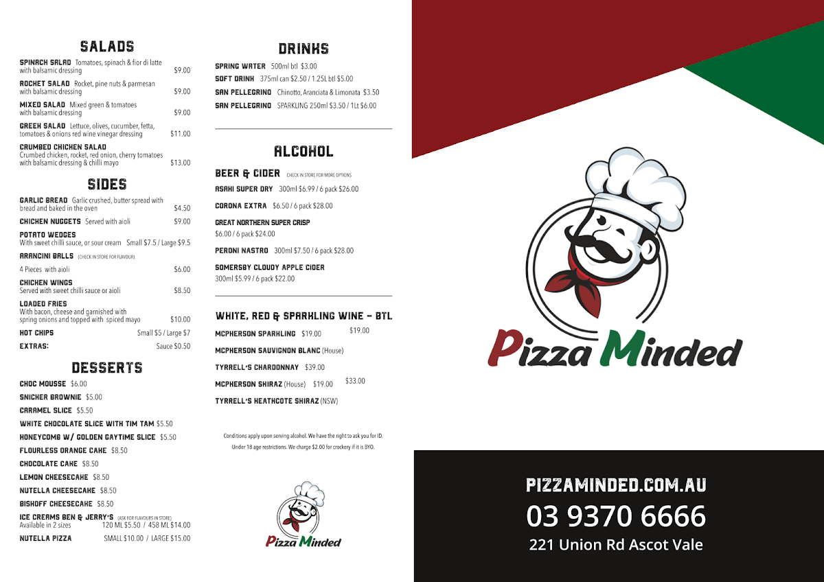 Menu, Pizza Minded Italian Cafe Bar & Restaurant