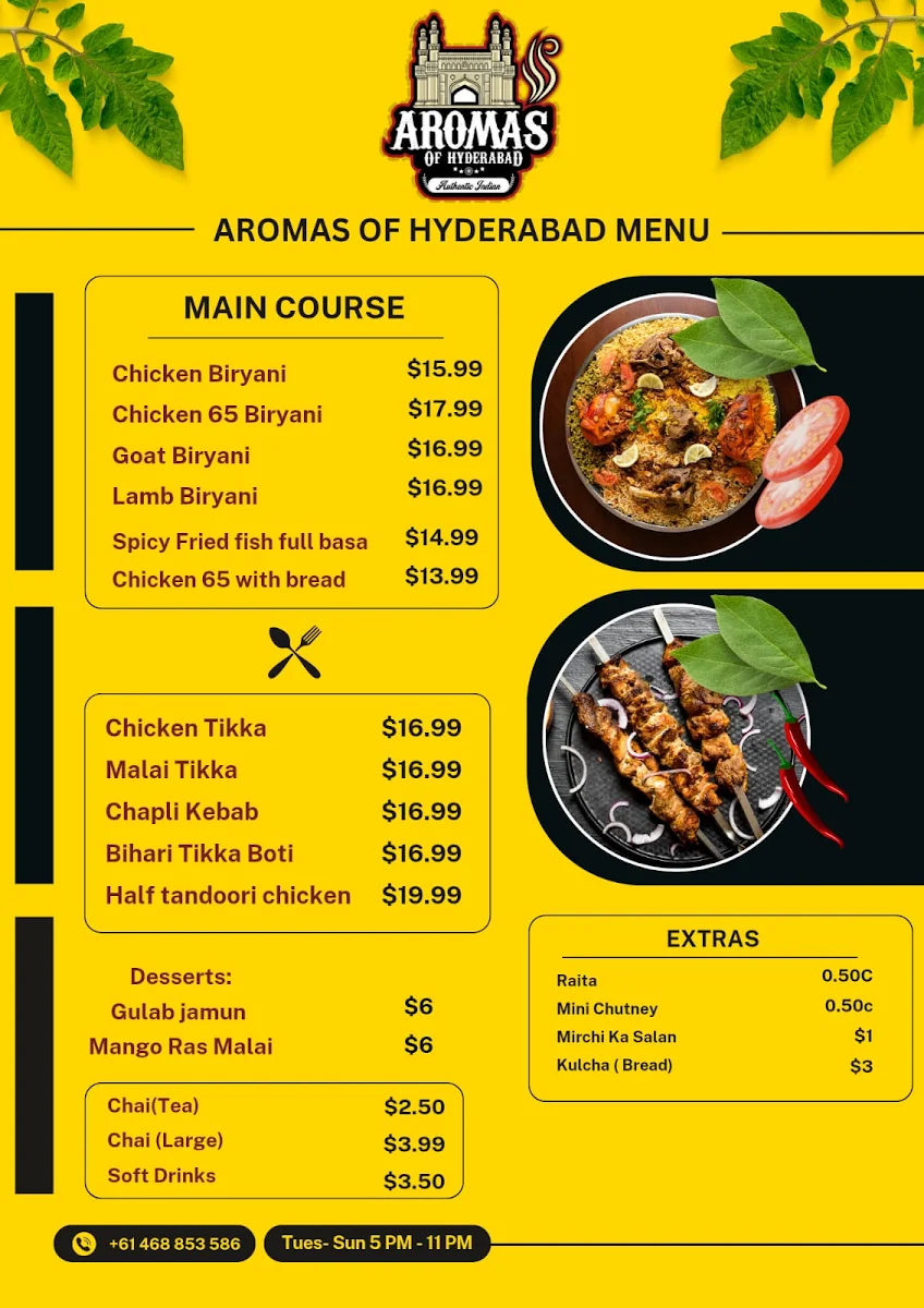 Menu, Aromas of Biryani Hyderabad | Best Indian food truck | Best Indian restaurant in Adelaide | Halal