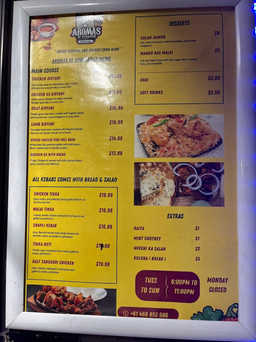 Menu, Aromas of Biryani Hyderabad | Best Indian food truck | Best Indian restaurant in Adelaide | Halal
