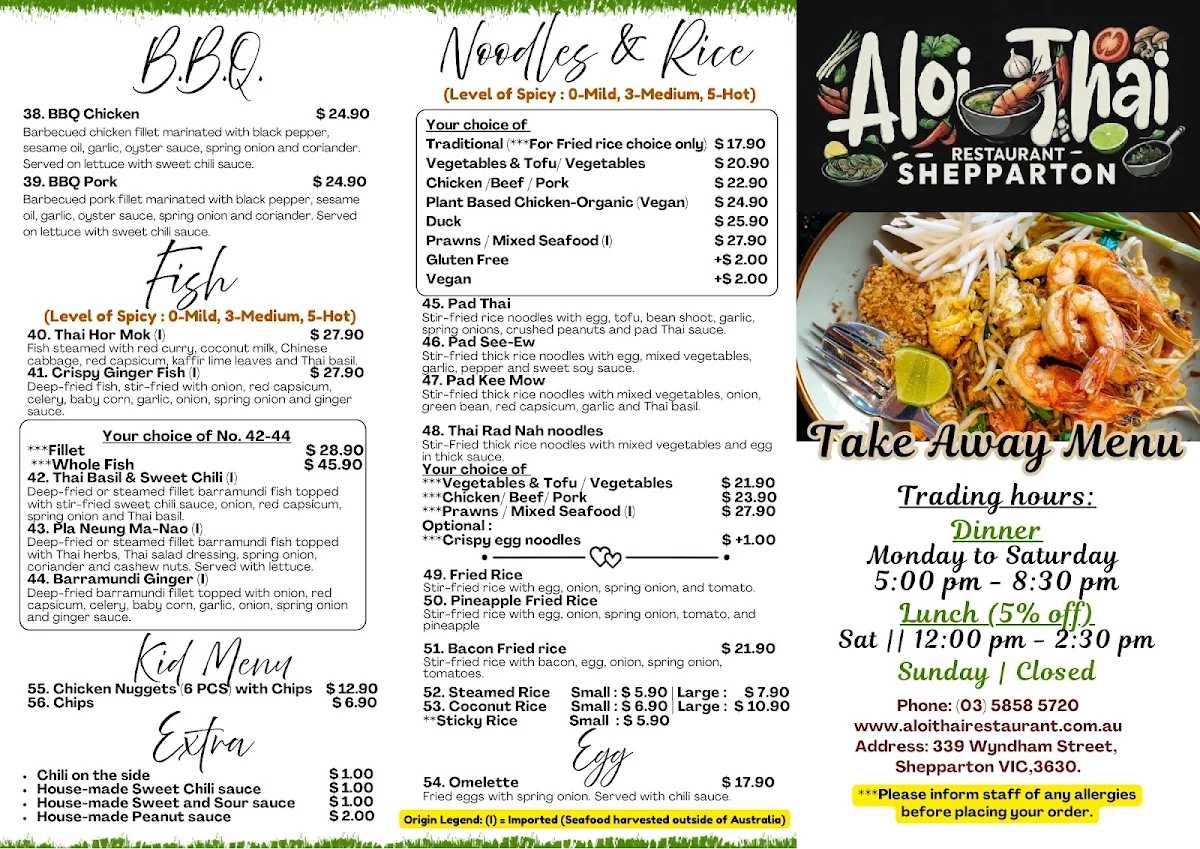 Menu, Aloi Thai Restaurant, Shepparton