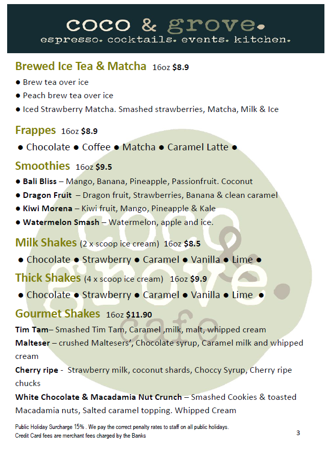 Menu, Coco & Grove