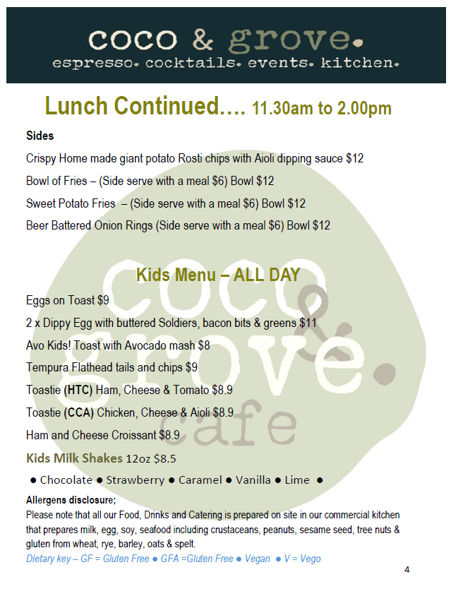 Menu, Coco & Grove