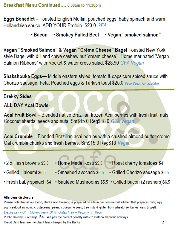 Menu, Coco & Grove