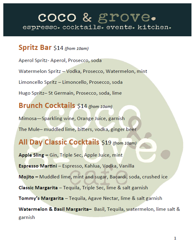 Menu, Coco & Grove
