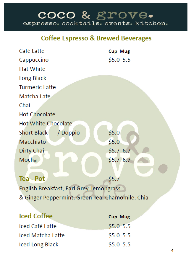 Menu, Coco & Grove
