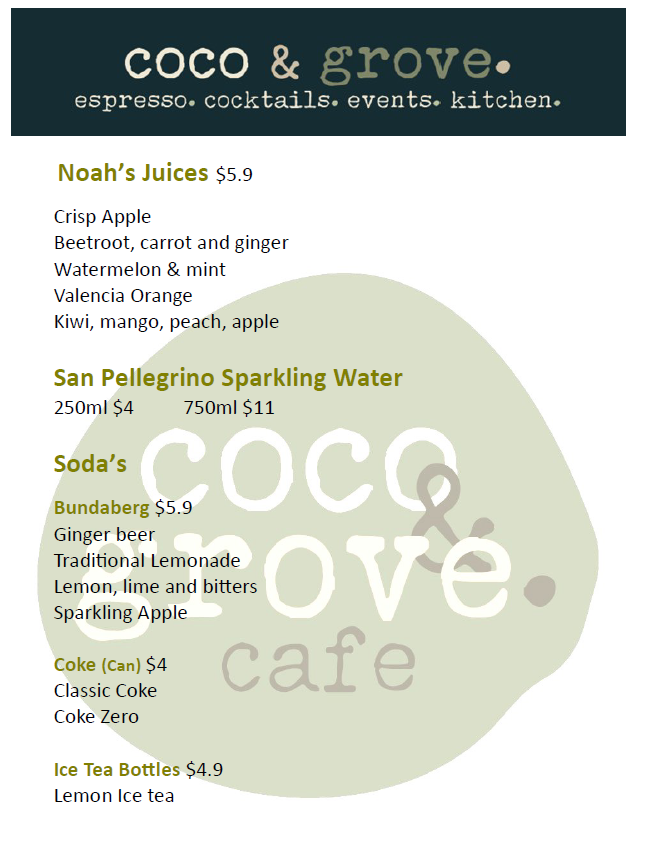 Menu, Coco & Grove