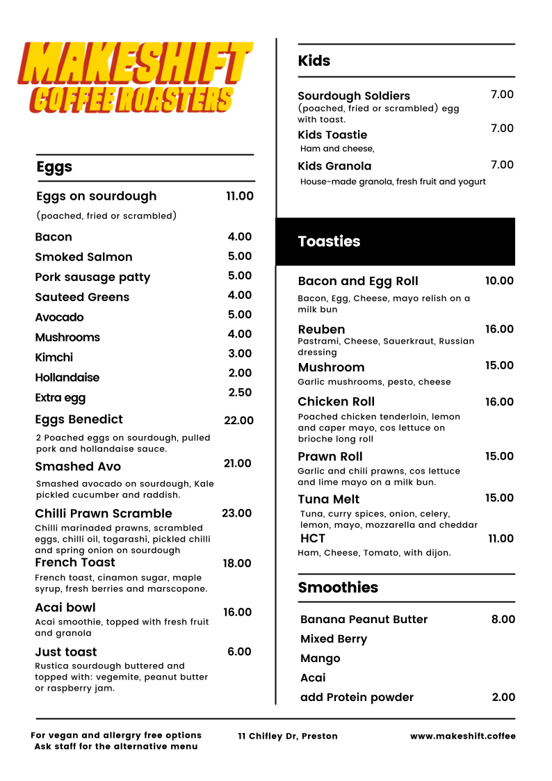 Menu, Makeshift Coffee Roasters