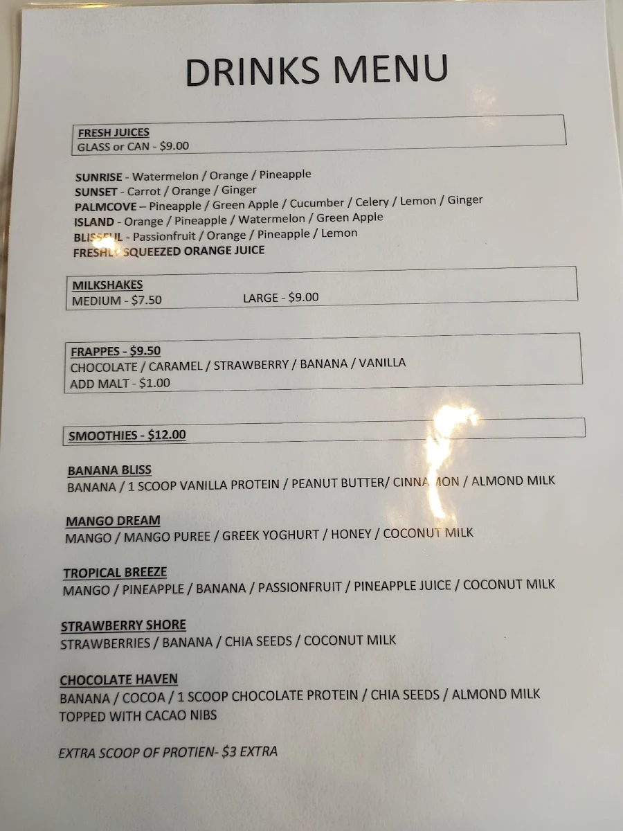 Menu, Palm Cove Cafe