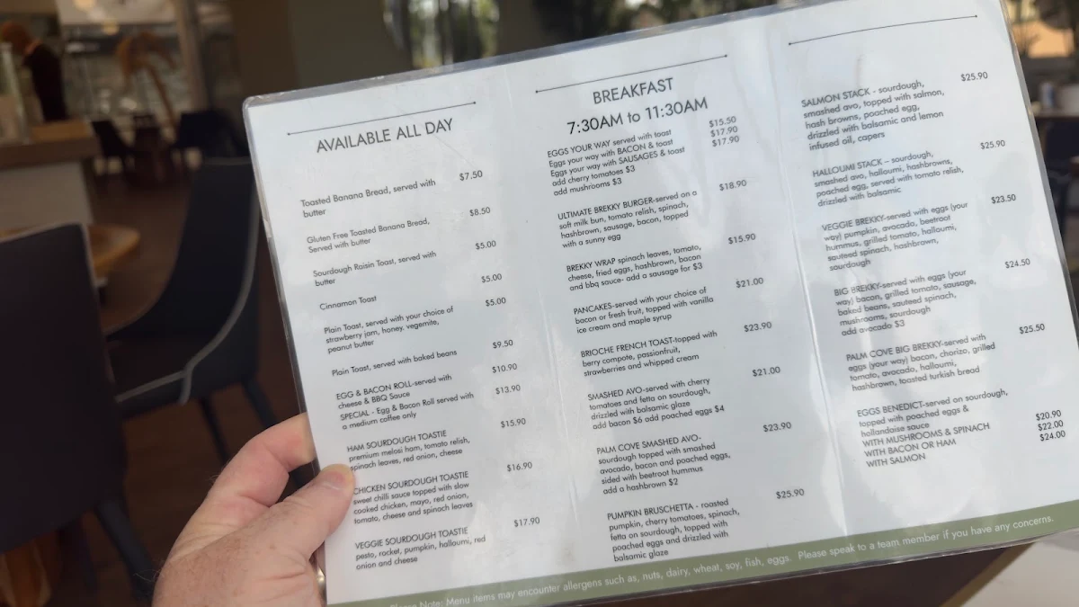 Menu, Palm Cove Cafe