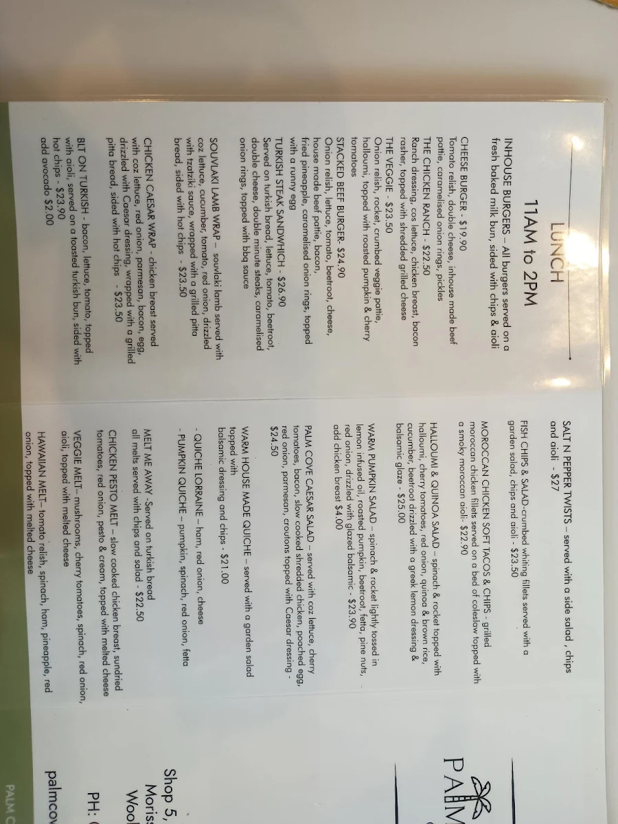 Menu, Palm Cove Cafe
