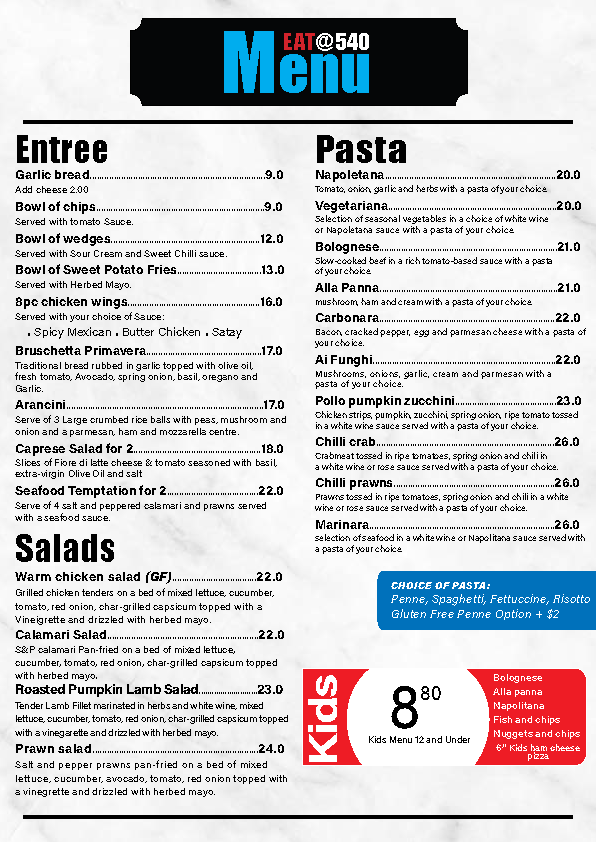 Menu, Tavern 540