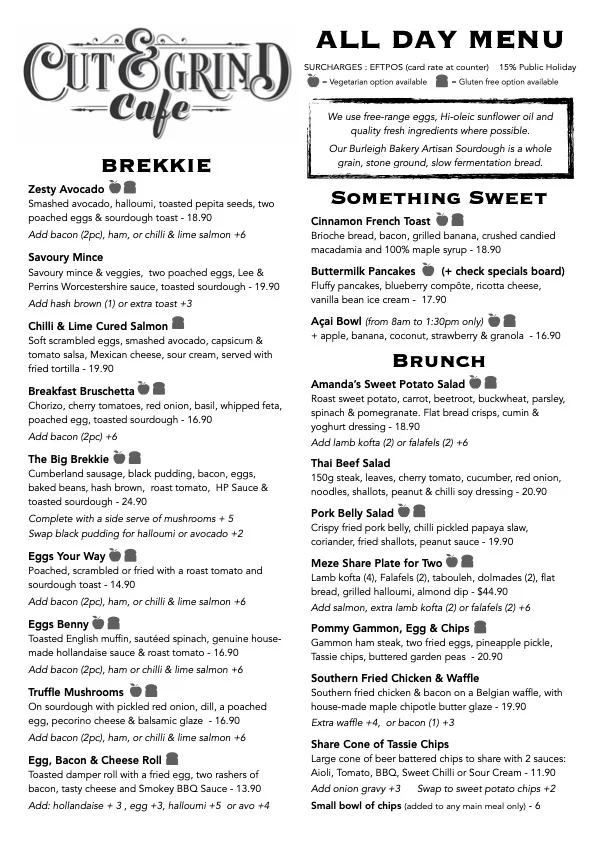 Menu, Cut & Grind Cafe