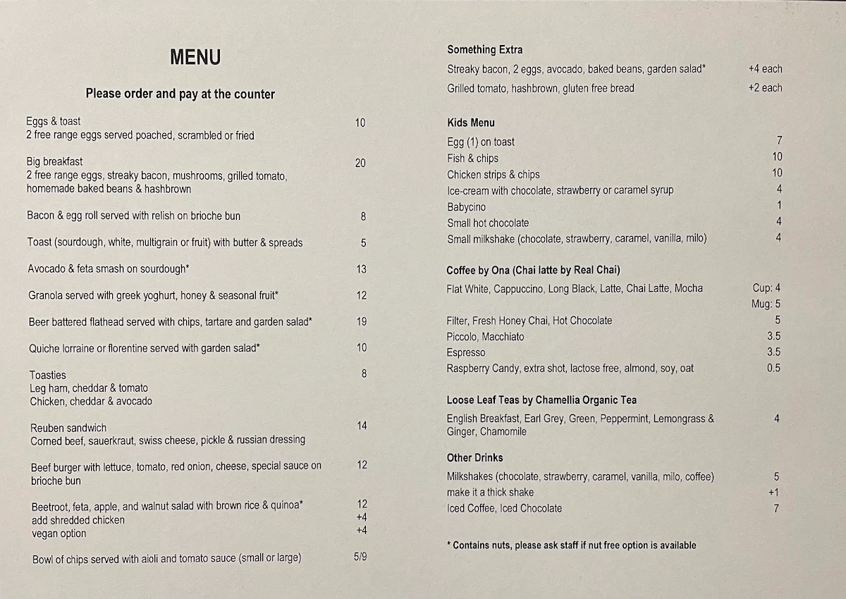 Menu, Home Ground Cafe