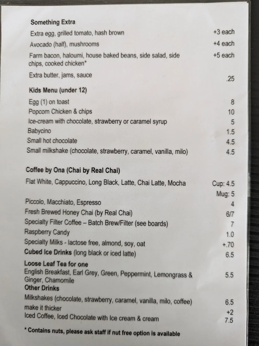 Menu, Home Ground Cafe