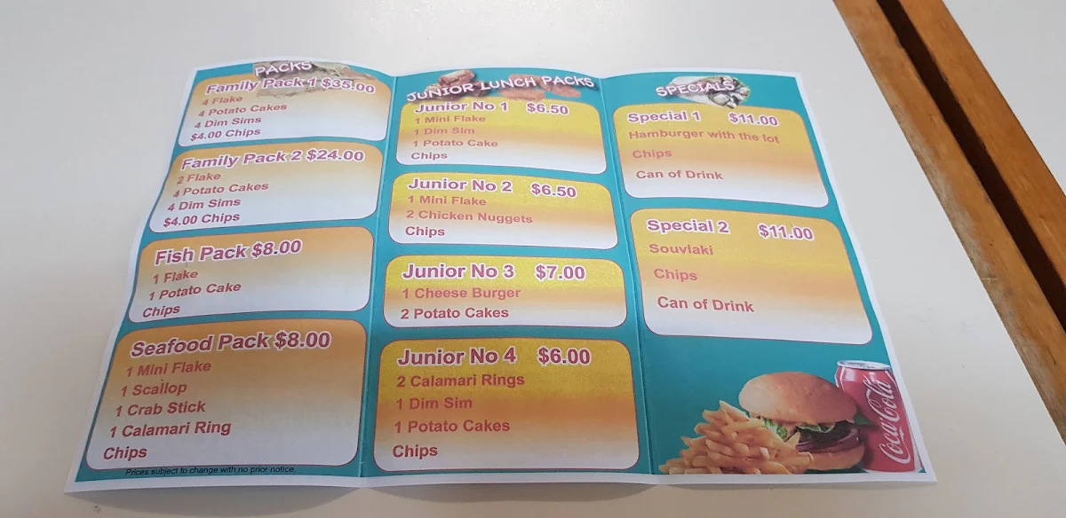 Menu, Angourie Cresent Fish and Chips