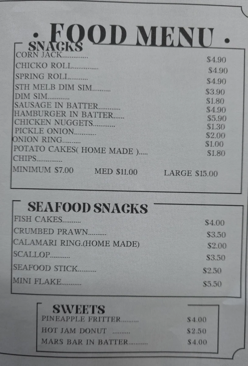 Menu, Angourie Cresent Fish and Chips