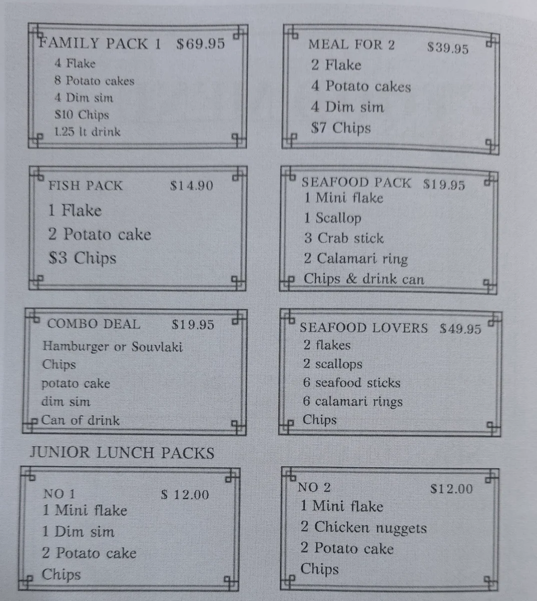 Menu, Angourie Cresent Fish and Chips