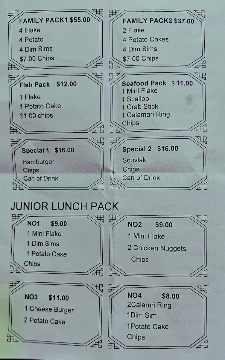 Menu, Angourie Cresent Fish and Chips