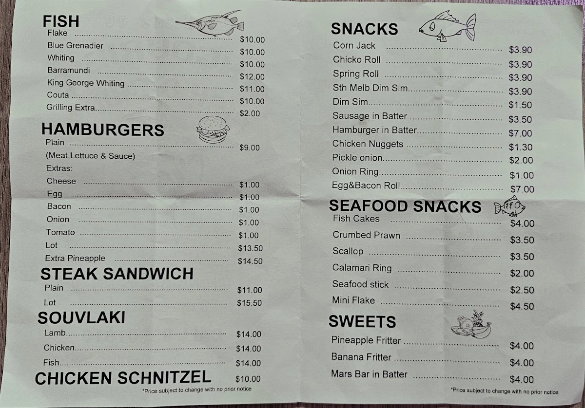 Menu, Angourie Cresent Fish and Chips