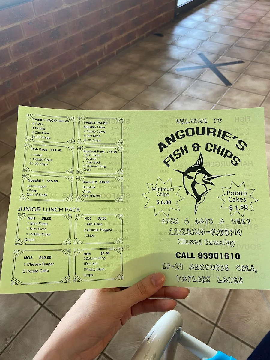 Menu, Angourie Cresent Fish and Chips