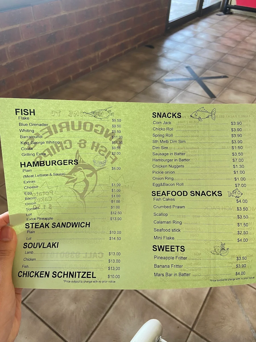 Menu, Angourie Cresent Fish and Chips