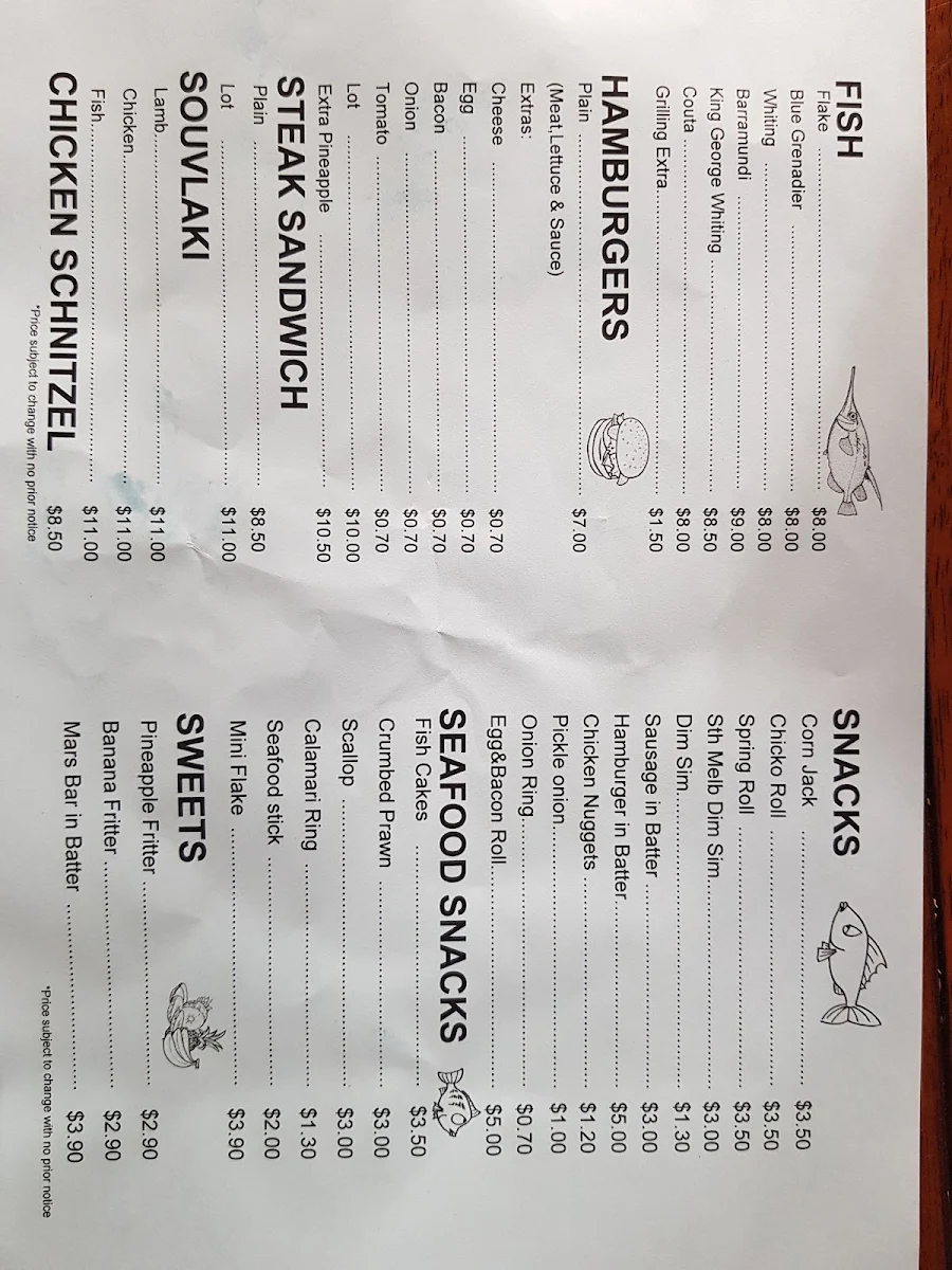 Menu, Angourie Cresent Fish and Chips