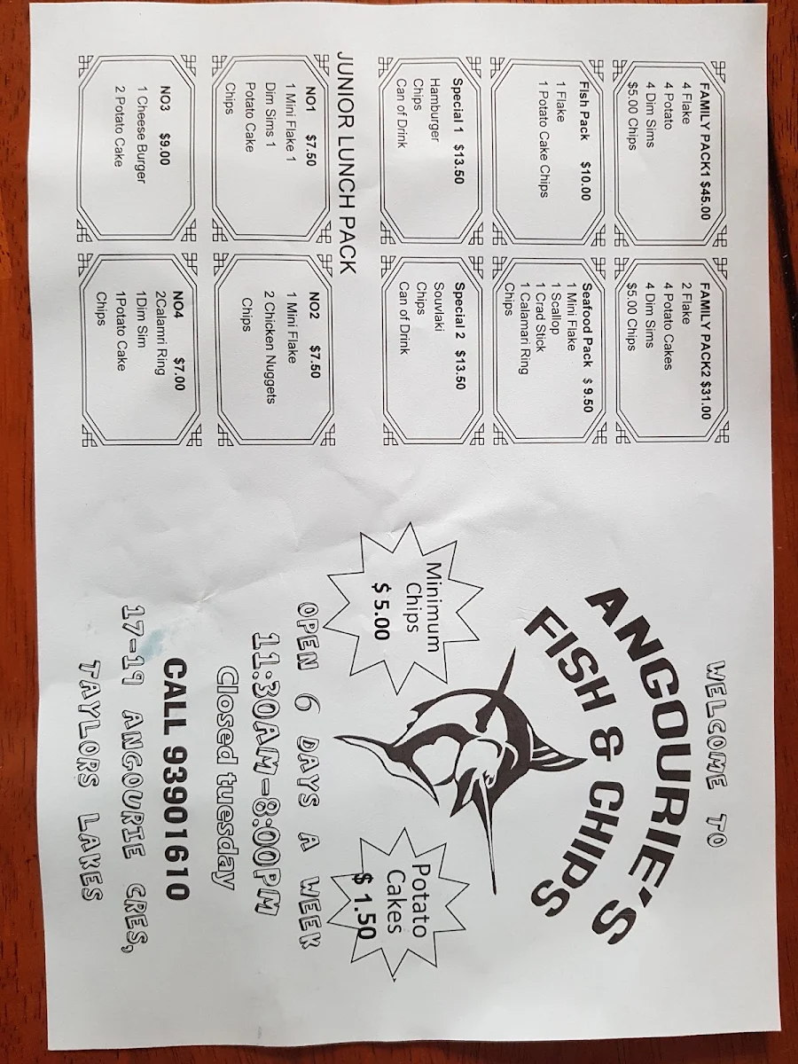 Menu, Angourie Cresent Fish and Chips