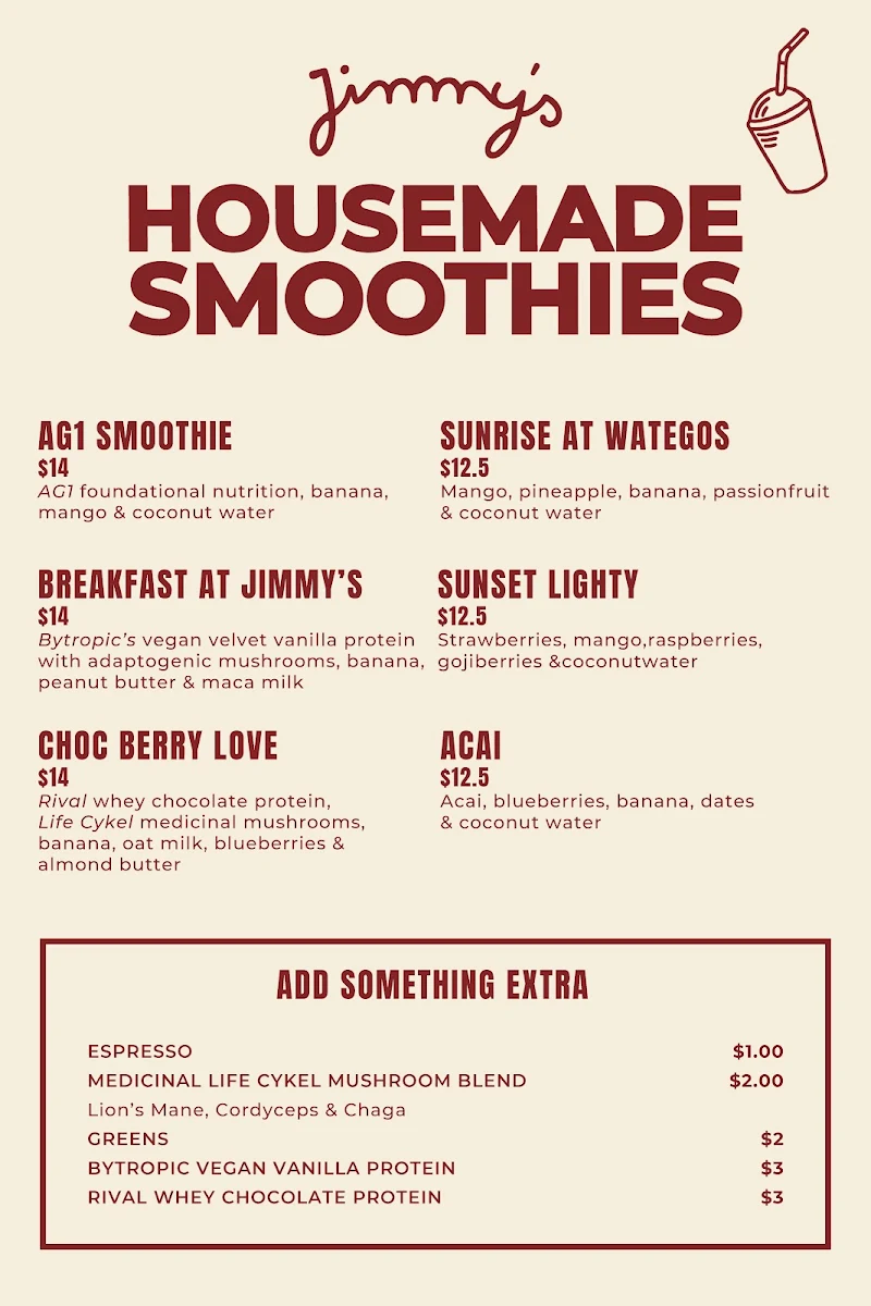 Menu, Jimmy's Coffee Byron Bay