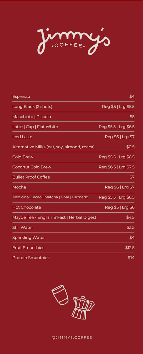 Menu, Jimmy's Coffee Byron Bay