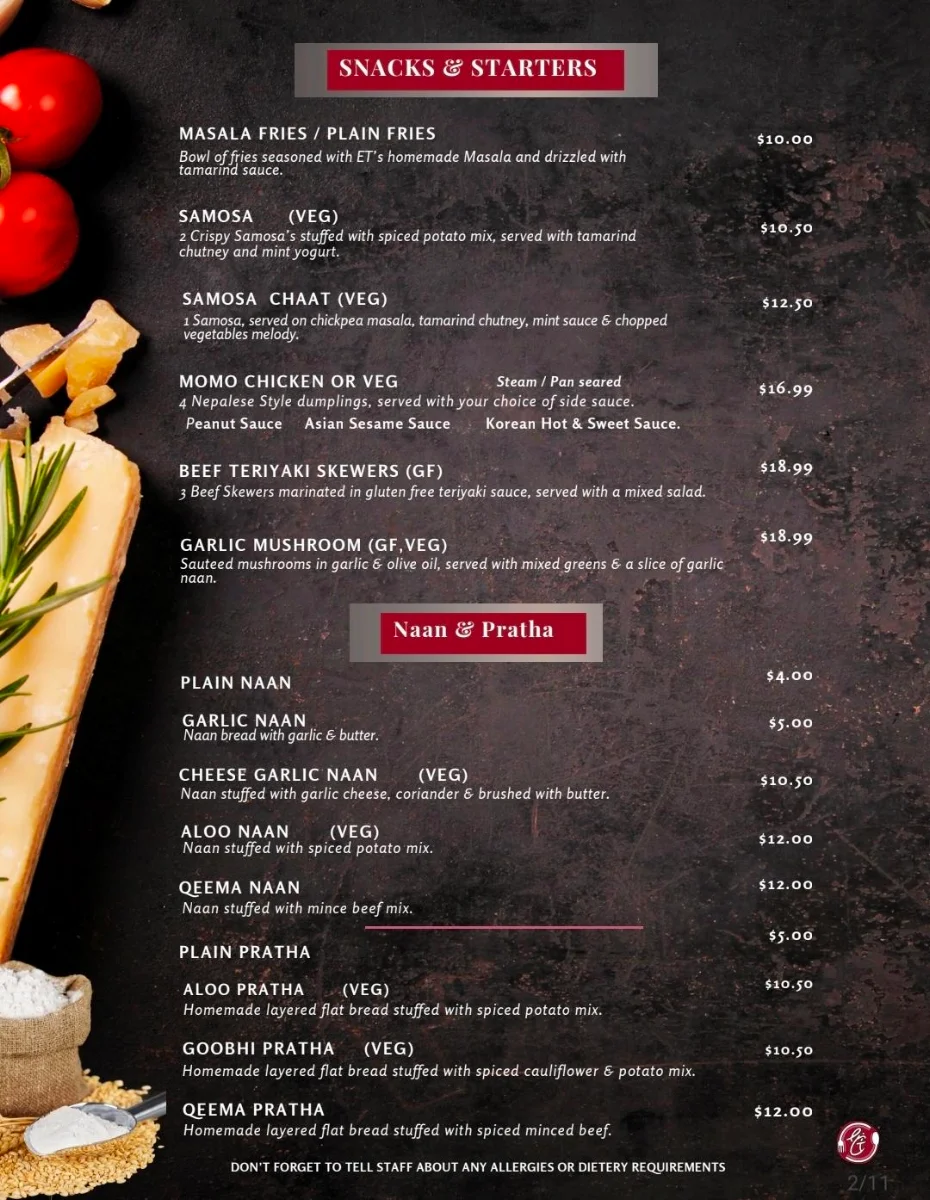 Menu, Eric's Table : The Fusion Food