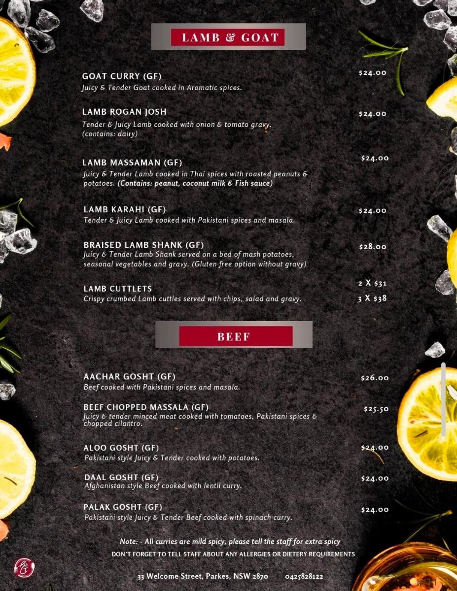 Menu, Eric's Table : The Fusion Food