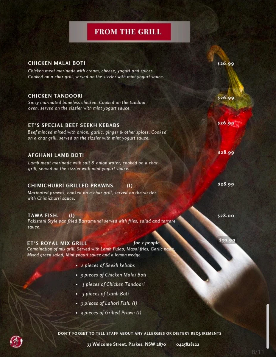Menu, Eric's Table : The Fusion Food