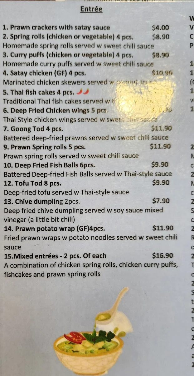 Menu, Feeling Thai Cuisine