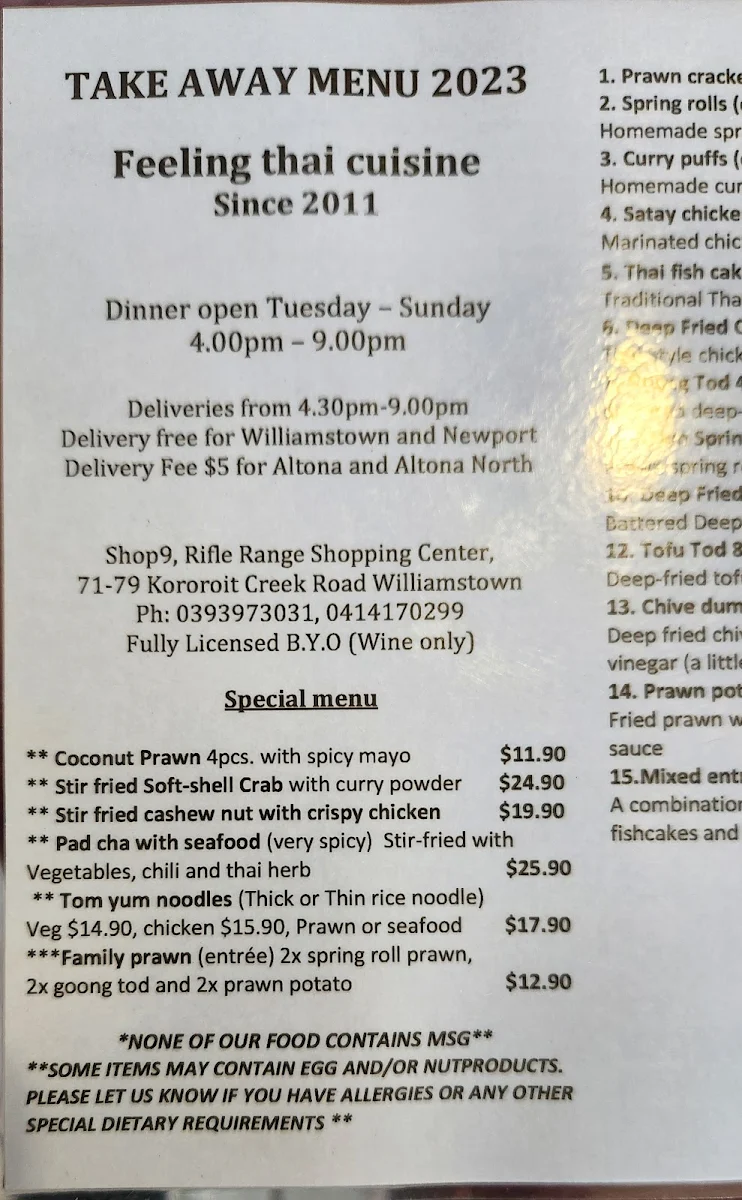 Menu, Feeling Thai Cuisine