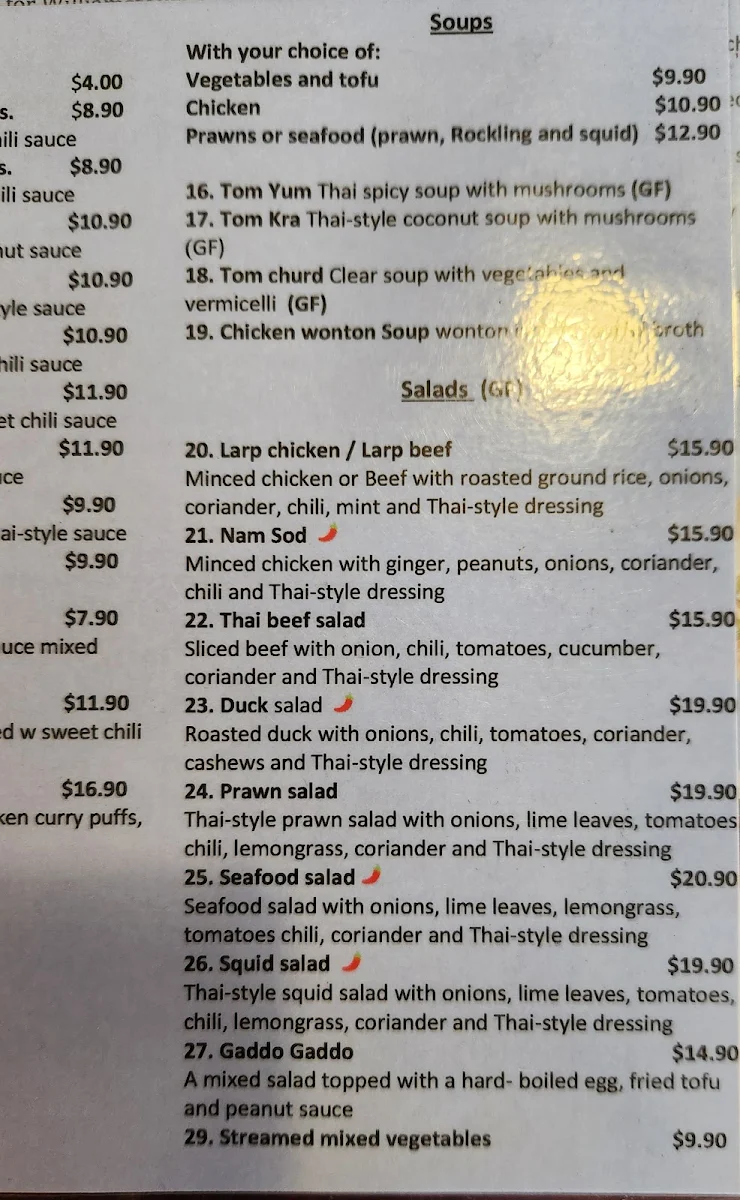 Menu, Feeling Thai Cuisine