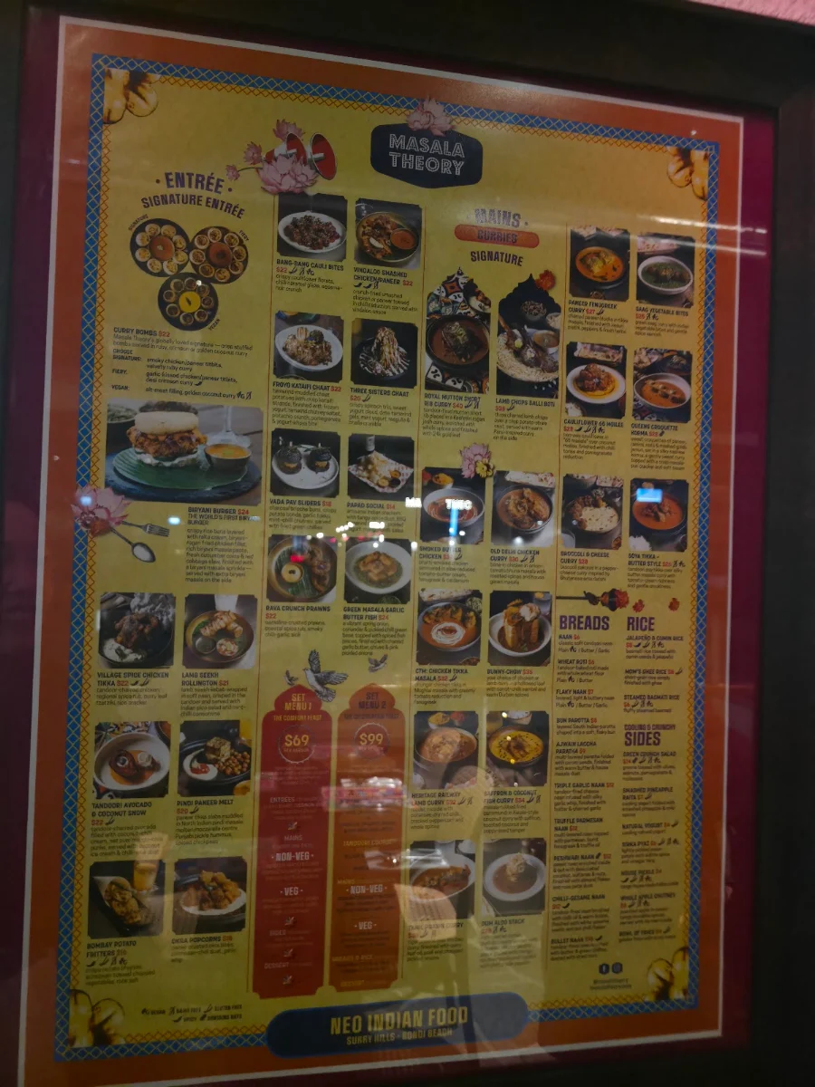 Menu, Masala Theory - Bondi Beach